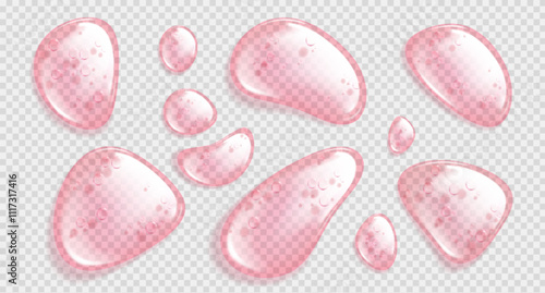 Clear pink water like drops with reflective surfaces and bubbles texture on transparent background. Liquid moisture elements of irregularly shape. Oil, serum or gel cosmetic skincare product droplets.