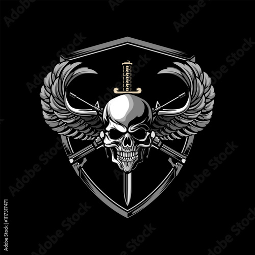 Crossed assault rifles with winged soldier skull in shield logo design vector