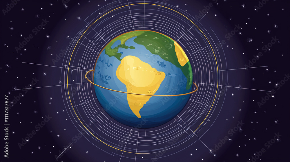 Naklejka premium Earth axis diagram illustration showing the tilt of the Earth's rotational axis relative to its orbital plane, explaining the cause of seasonal changes and the distribution of sunlight.