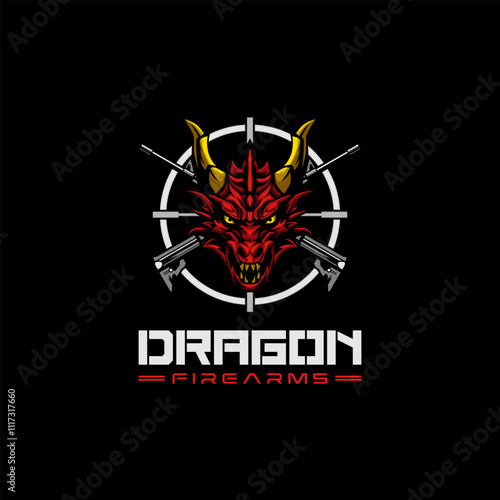 Dragon Head Logo. Dragon with crossed rifle vector.