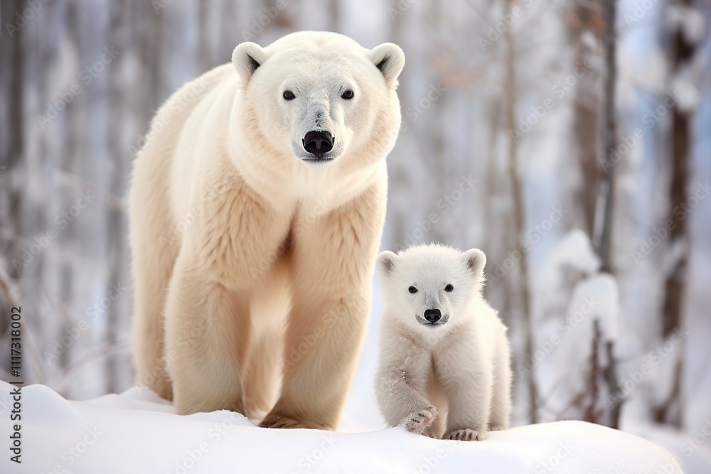 a Polar bear mother and her cub on a snowy Arctic mountain a Polar bear mother and her cub on a snowy Arctic mountain