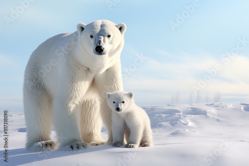 a Polar bear mother and her cub on a snowy Arctic mountain