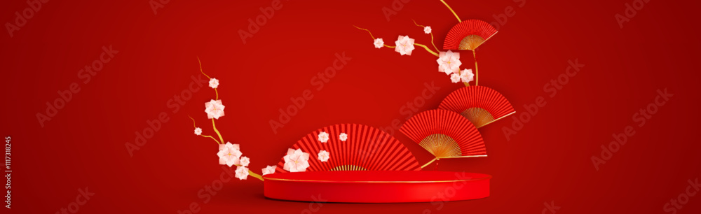 Chinese scene with cylinder podium, tree branch with traditional red and gold fans and white paper flowers on studio room background. Realistic 3d vector illustration of product display platform.