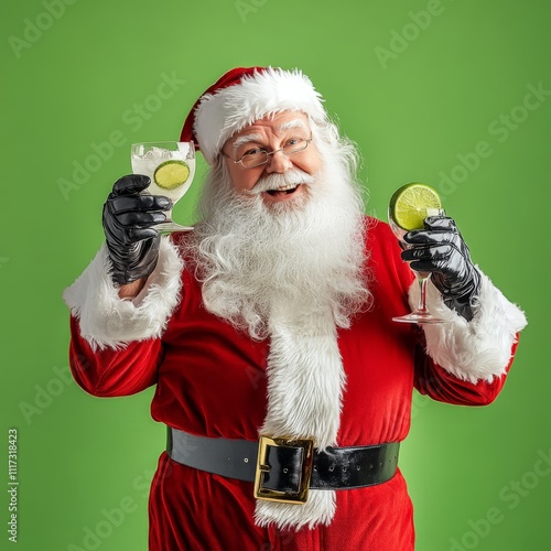 photograph of Santa Claus with a fluffy white beard, wearing a traditional red-and-white suit and black boots, standing confidently. He is holding a tall cocktail glass filled with a Paloma cocktail photo