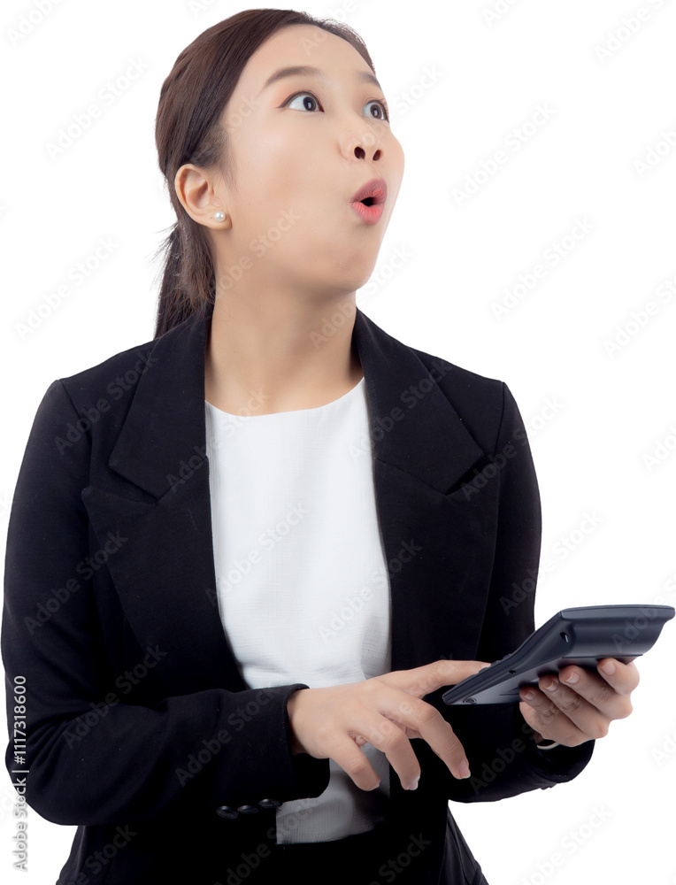 Portrait young asian businesswoman using calculator for calculate expense and budget for saving, business woman or manager calculate tax, business and finance concept. Portrait young asian businesswoman using calculator for calculate expense and budget for saving, business woman or manager calculate tax, business and finance concept.