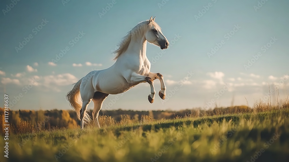 Majestic white horse rearing on a hilltop against a vibrant blue sky Majestic white horse rearing on a hilltop against a vibrant blue sky