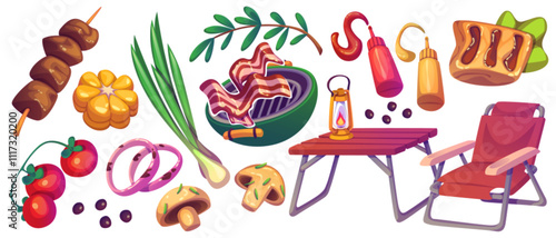 BBQ party food and equipment set isolated on white background. Vector cartoon illustration of garden grill and furniture for barbecue, roast bacon and meat on skewer, fresh vegetables, sauce bottles