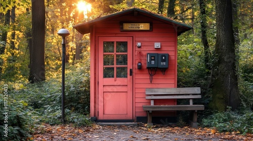 Cozy red garden shed with wooden bench and vintage lantern in autumn forest park setting ideal for fall season, outdoor equipment storage, nature retreat, warm golden sunlight, peaceful atmosphere