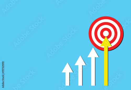 step-by-step growth to target, business target concept, business success concept, business success flat design, career growth or improvement concept, many arrows moving to one goal