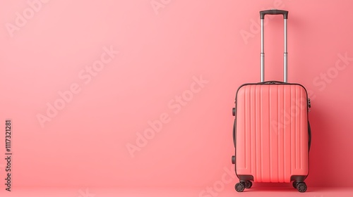 Travel essentials stylish coral suitcase on pink background