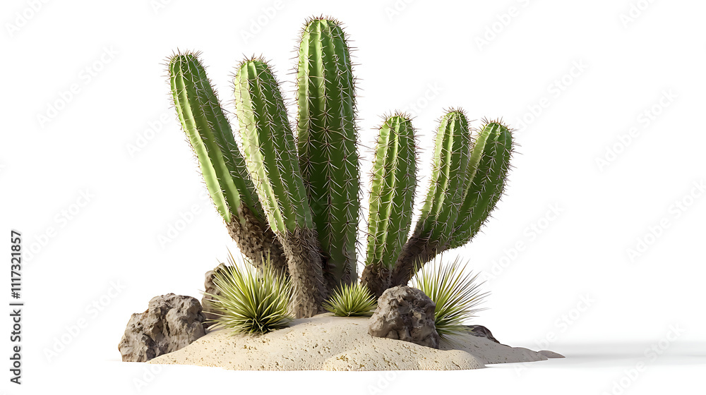 A cactus plant is growing in a sandy area with rocks A cactus plant is growing in a sandy area with rocks
