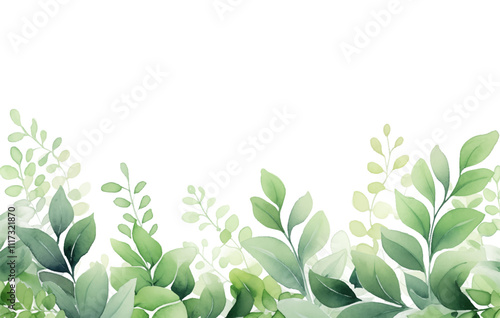 Watercolor spring greenery vector illustration. A fresh and airy spring or summer design element. This hand-painted watercolor illustration features a border of soft green leaves on a crisp white back