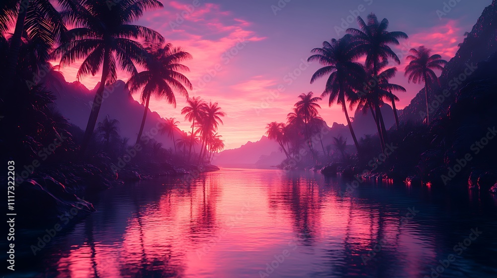 Obraz premium Nature's paradise sunset reflection over tropical river