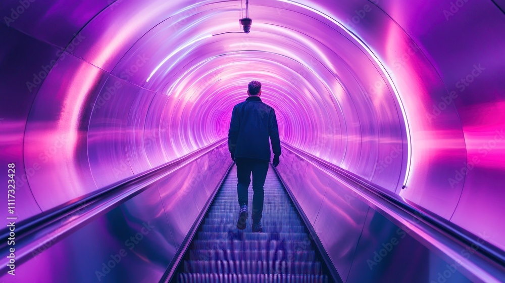 Man Ascending Neon Lit Escalator Tunnel Man Ascending Neon Lit Escalator Tunnel
