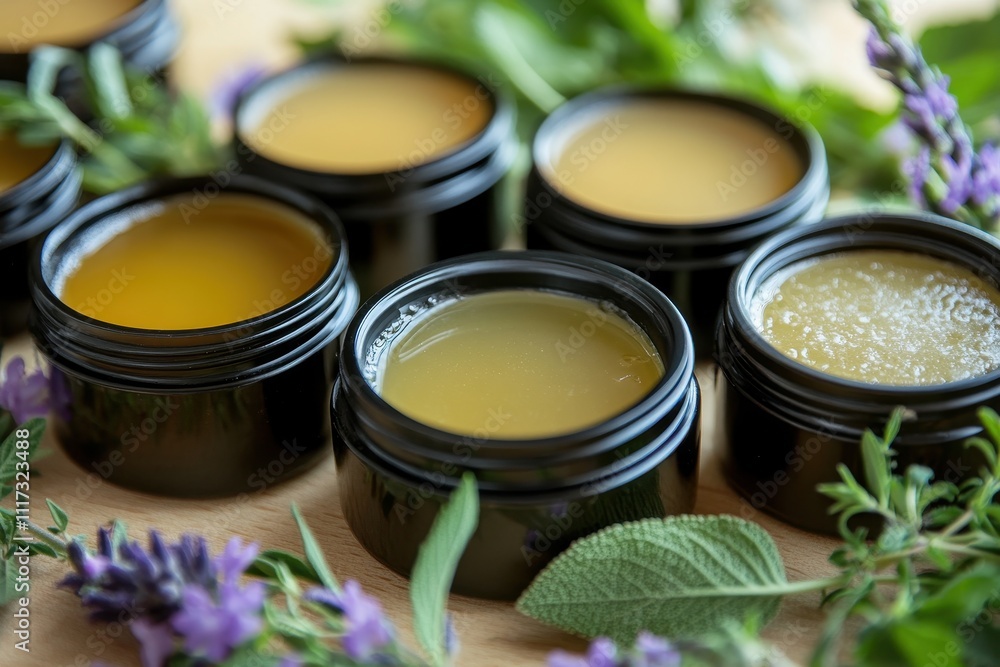 Close-up of several jars of herbal balm. Perfect for natural skincare, aromatherapy, or wellness product marketing. Close-up of several jars of herbal balm. Perfect for natural skincare, aromatherapy, or wellness product marketing.