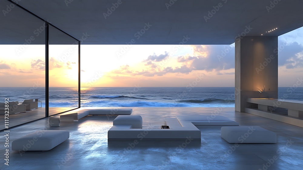 Fototapeta premium Relaxing sunset view in modern living room by the ocean
