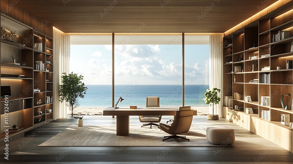 Fototapeta premium Modern office interior design with ocean views and serenity