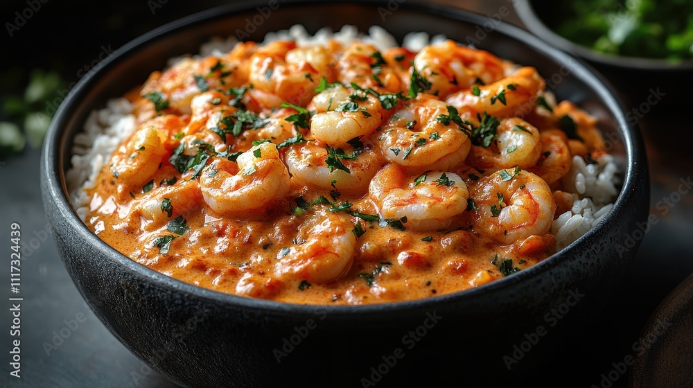 Shrimp in creamy coconut milk and yellow curry served in a bowl Shrimp in creamy coconut milk and yellow curry served in a bowl