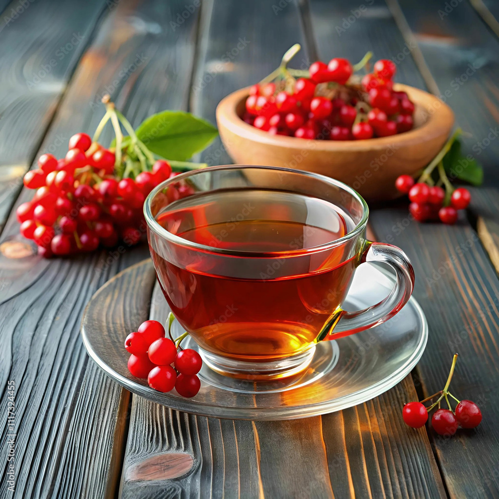 Viburnum tea served in a transparent cup with a handle, accompanied Viburnum tea served in a transparent cup with a handle, accompanied