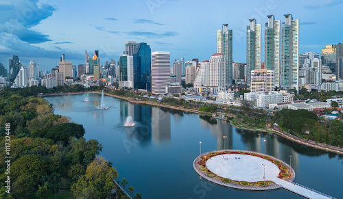 Aerial view from Benchakitti Park towards Asok in Bangkok, Thailand.