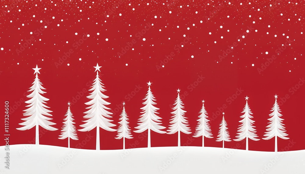 A Festive Christmas Card Design Featuring White Paper Cutout Trees Against a Vibrant Red Background with Falling Snow A Festive Christmas Card Design Featuring White Paper Cutout Trees Against a Vibrant Red Background with Falling Snow