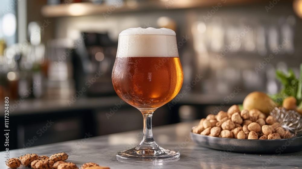 Glass of craft beer with foam topping, set on a bar counter with snacks Glass of craft beer with foam topping, set on a bar counter with snacks
