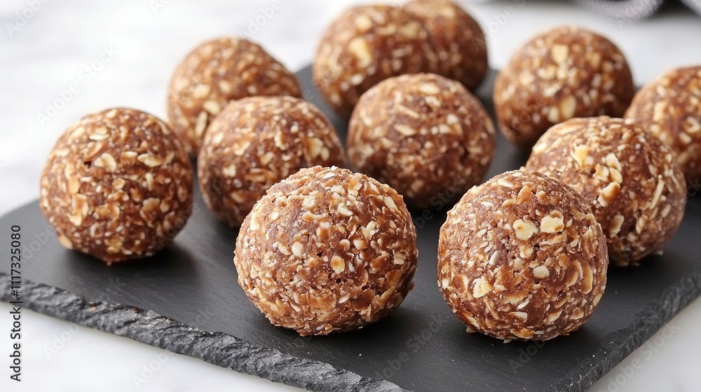 Delicious Chocolate Oat Energy Balls Arranged on Slate Delicious Chocolate Oat Energy Balls Arranged on Slate