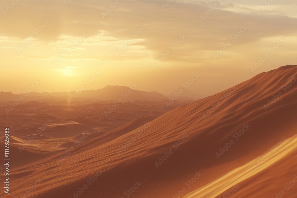 A serene desert landscape at sunset, showcasing rolling sand dunes and distant mountains. A serene desert landscape at sunset, showcasing rolling sand dunes and distant mountains.