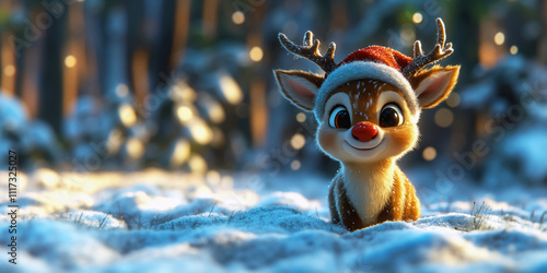 Fototapeta Naklejka Na Ścianę i Meble -  Christmas reindeer in santa hat. Smiling fawn with big eyes and red nose at snowy forest in 3d animation style. Winter 3d illustration of little deer. Christmas horizontal banner with copy space.