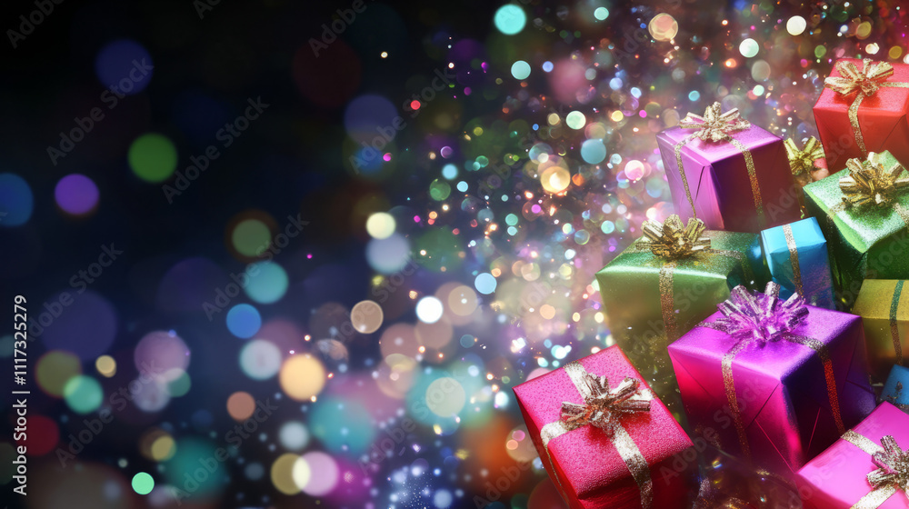 Beautifully Wrapped Christmas Gift Box.Festive Christmas Gift Boxes Background with Holiday Sparkle. Beautifully Wrapped Christmas Gift Box.Festive Christmas Gift Boxes Background with Holiday Sparkle.