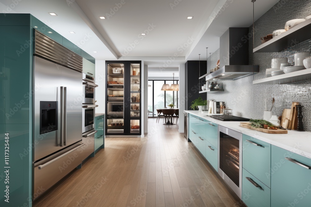 Modern Teal Kitchen Design With Stainless Steel Appliances Modern Teal Kitchen Design With Stainless Steel Appliances