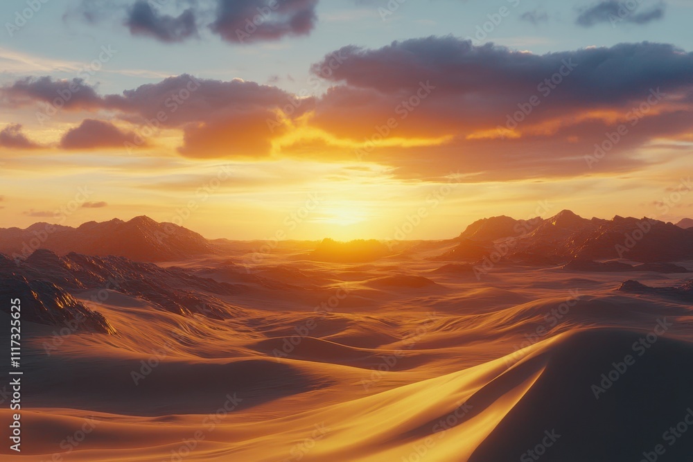 A serene sunset over rolling sand dunes and distant mountains. A serene sunset over rolling sand dunes and distant mountains.