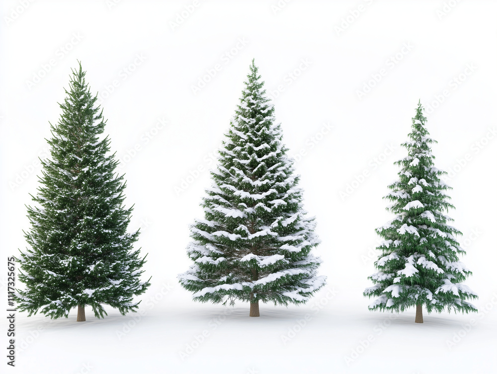 Obraz premium Collection of Christmas trees with snow isolated on a white background