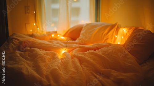 Cozy bedroom with warm lighting, soft bedding and fairy lights.