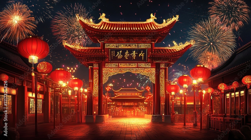 Chinese New Year Festive Gate with Fireworks Chinese New Year Festive Gate with Fireworks