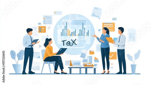 Tax submit and finance payment concept. Diverse professionals engage in a discussion about taxes, likely in a business setting, financial or educational content.