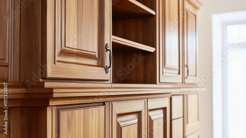 Close-up of elegant wooden cabinetry with intricate details and warm tones, showcasing craftsmanship and style in interior design.
