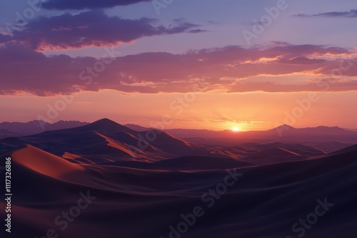 A serene desert landscape at sunset, showcasing rolling dunes and a colorful sky.