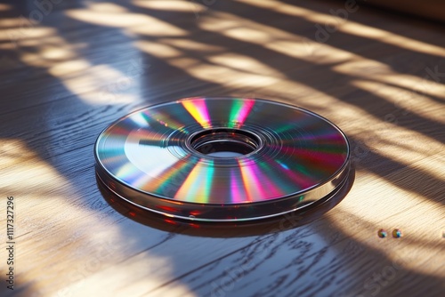 Reflective CD on Wooden Surface with Sunlight
