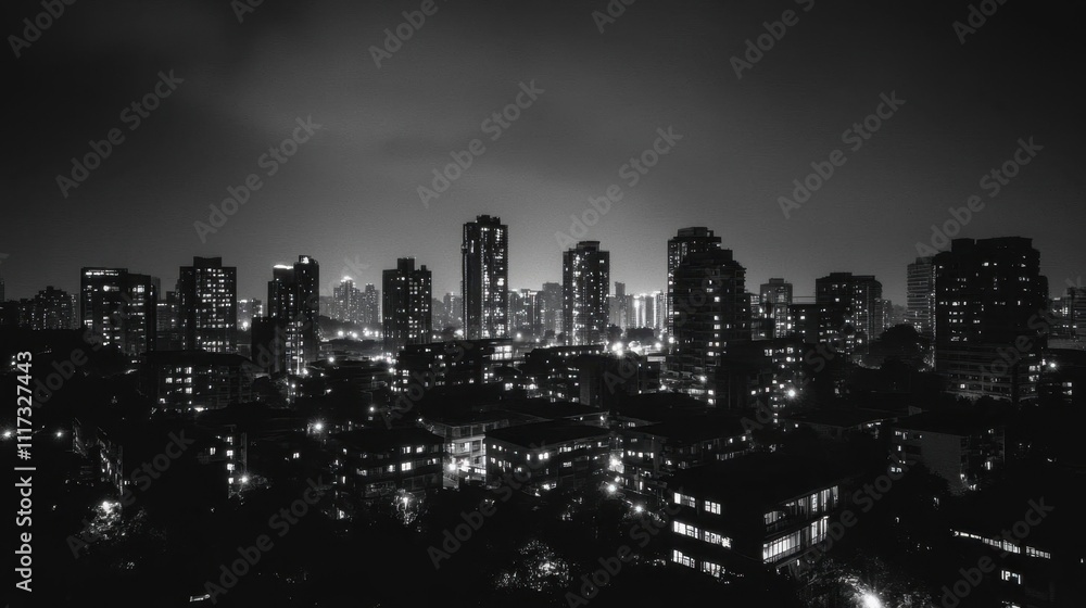 A monochrome city skyline illuminated at night. A monochrome city skyline illuminated at night.