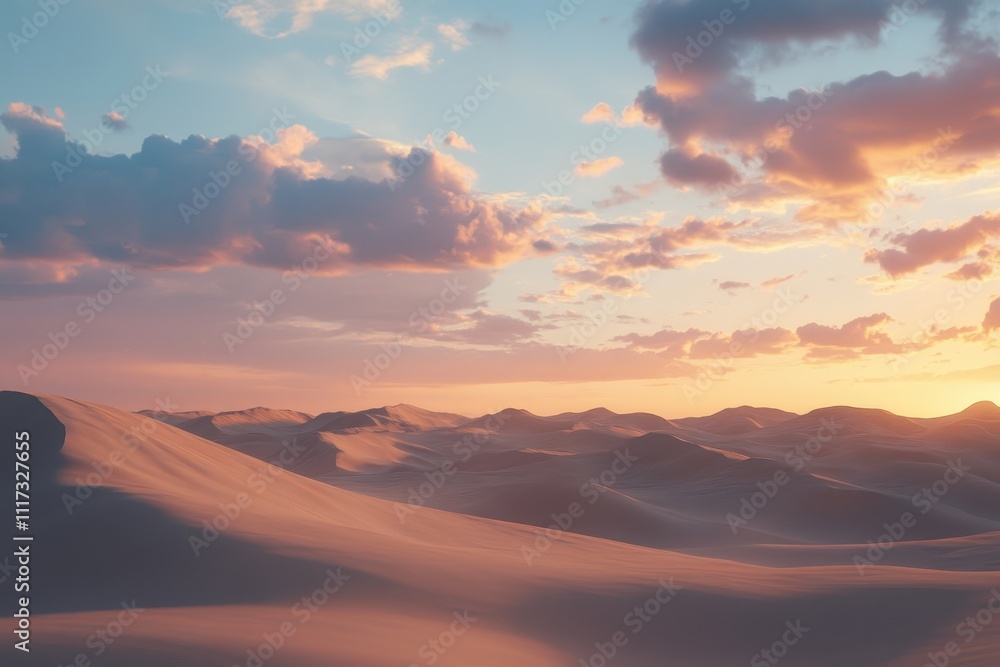 Serene landscape at sunset with rolling sand dunes and colorful clouds. Serene landscape at sunset with rolling sand dunes and colorful clouds.