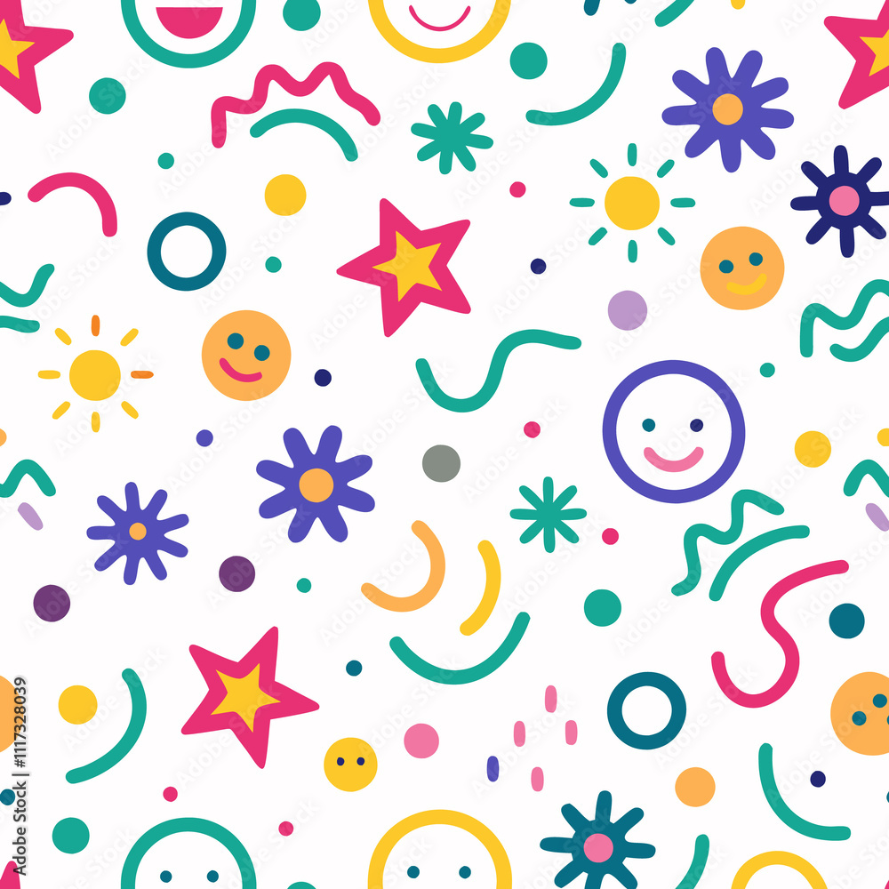 Seamless pattern with happy faces, stars, flowers, and abstract shapes on white background. Seamless pattern with happy faces, stars, flowers, and abstract shapes on white background.
