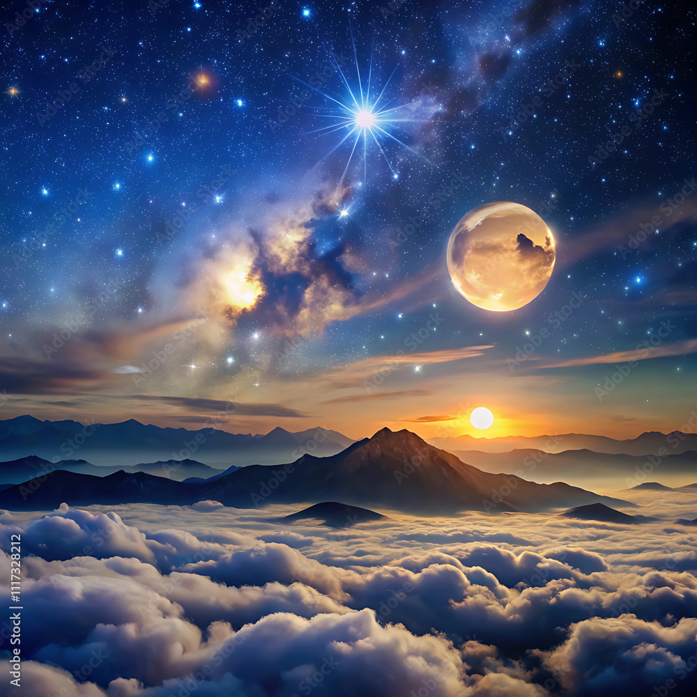 Fototapeta premium Moonlit Majesty: Twinkling Stars and Soft Clouds Over Distant Mountains