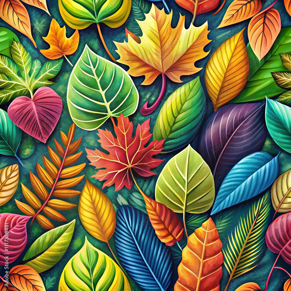 A vibrant illustration of various colorful leaves, showcasing different shapes A vibrant illustration of various colorful leaves, showcasing different shapes
