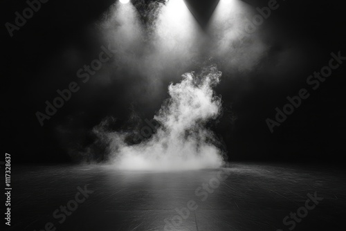 A dramatic scene with smoke illuminated by spotlights on a dark stage.