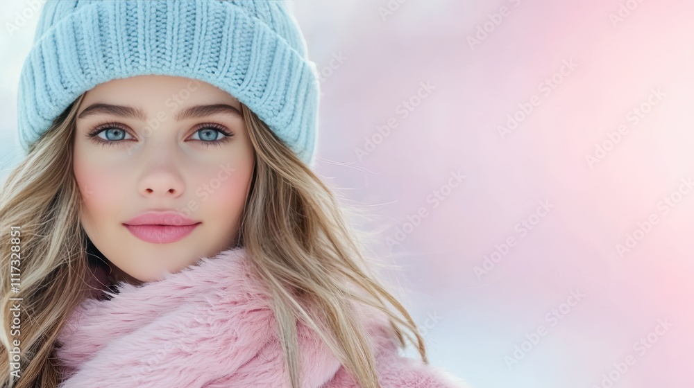 Young Woman in Winter Attire Smiling Against a Soft Background Young Woman in Winter Attire Smiling Against a Soft Background