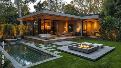 Wallpaper Mural  Modern house, pool, and fire pit at dusk. Torontodigital.ca