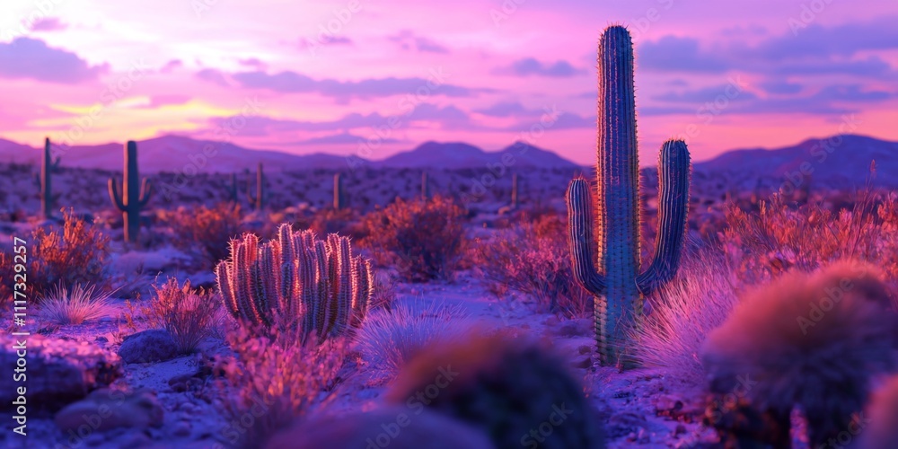 Vibrant Desert Sunset Cactus Landscape Arid Plants Southwestern USA Vibrant Desert Sunset Cactus Landscape Arid Plants Southwestern USA