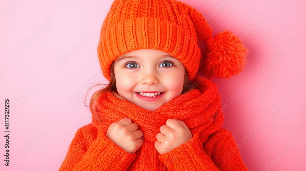 Delightful Young Girl in Cozy Orange Sweater and Hat Smiling Brightly Delightful Young Girl in Cozy Orange Sweater and Hat Smiling Brightly