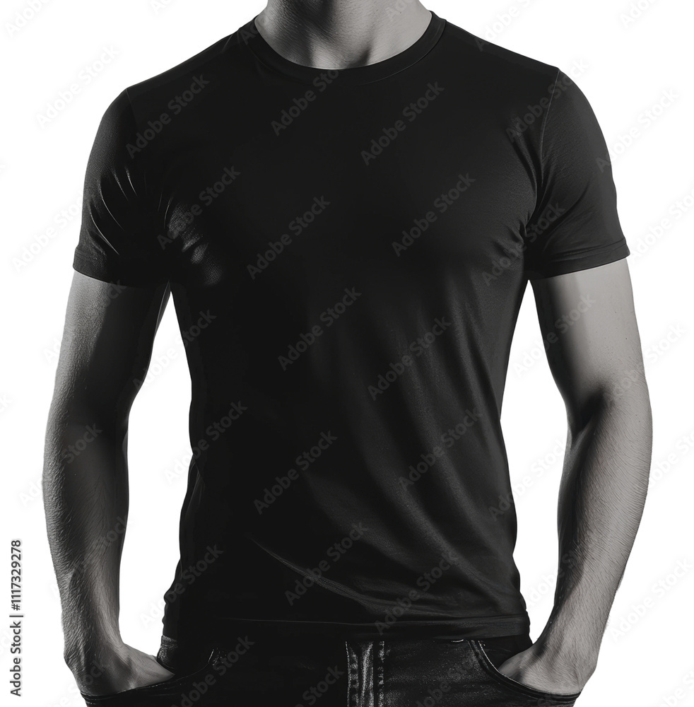 Stylish black t-shirt model on display, cut out - stock png. Stylish black t-shirt model on display, cut out - stock png.